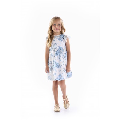 Vestido com Flores Azuis com Babados - Off White